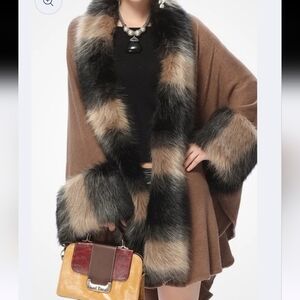 Gorgeous Faux Fur Cape Cloak Poncho Sweater Swing Coat Jacket Tan Brown One Size
